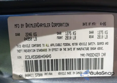 2006 Chrysler 300 Touring z USA, uszkodzony, nr VIN 2C3LA53G06H454645